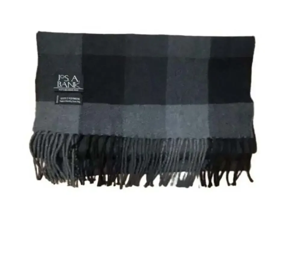 Jos. A. Bank Black and Gray Plaid 100% Cashmere Winter Scarf with Fringe